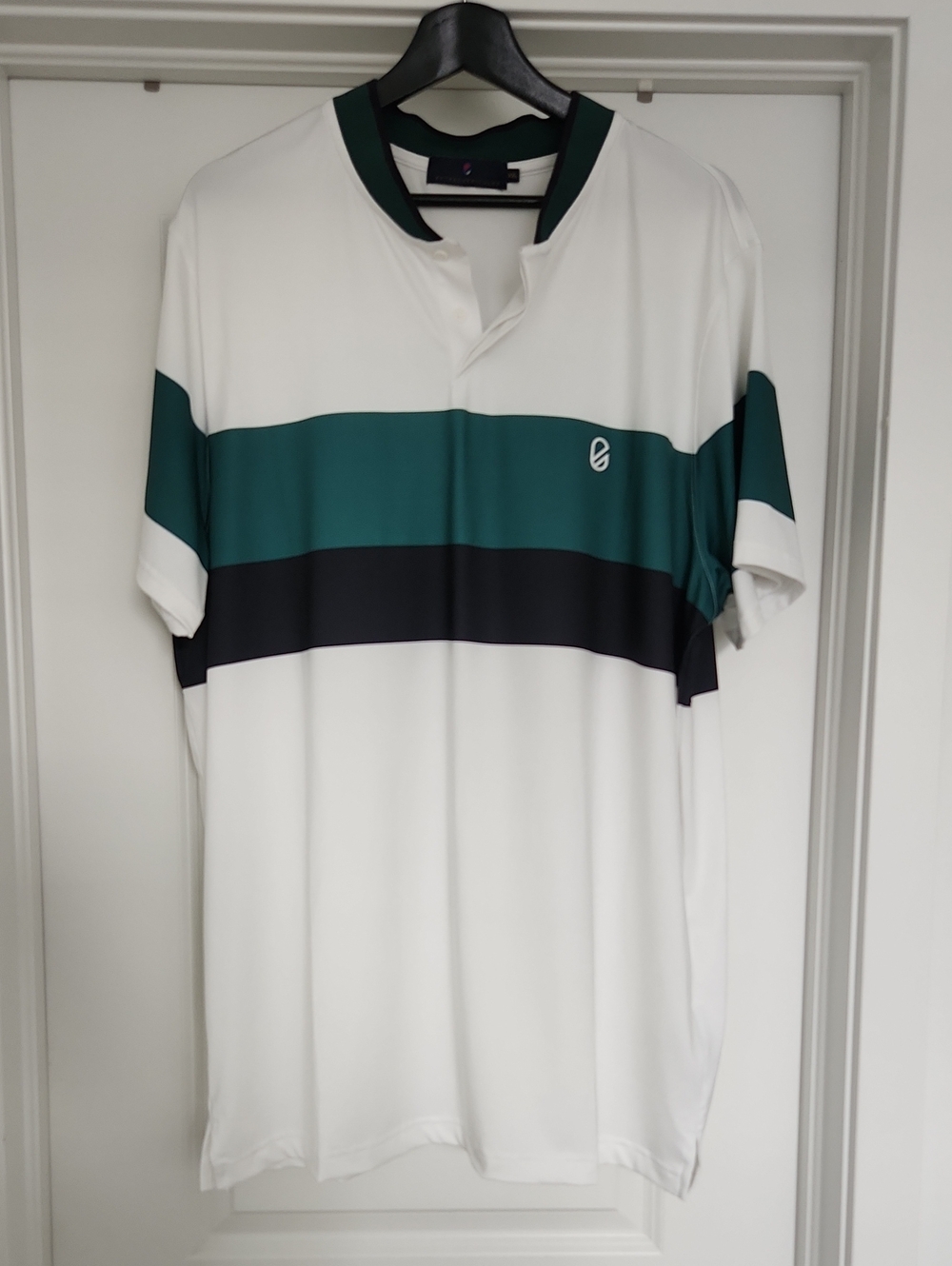 White Polo with Teal and Black Horizontal Stripes - Men